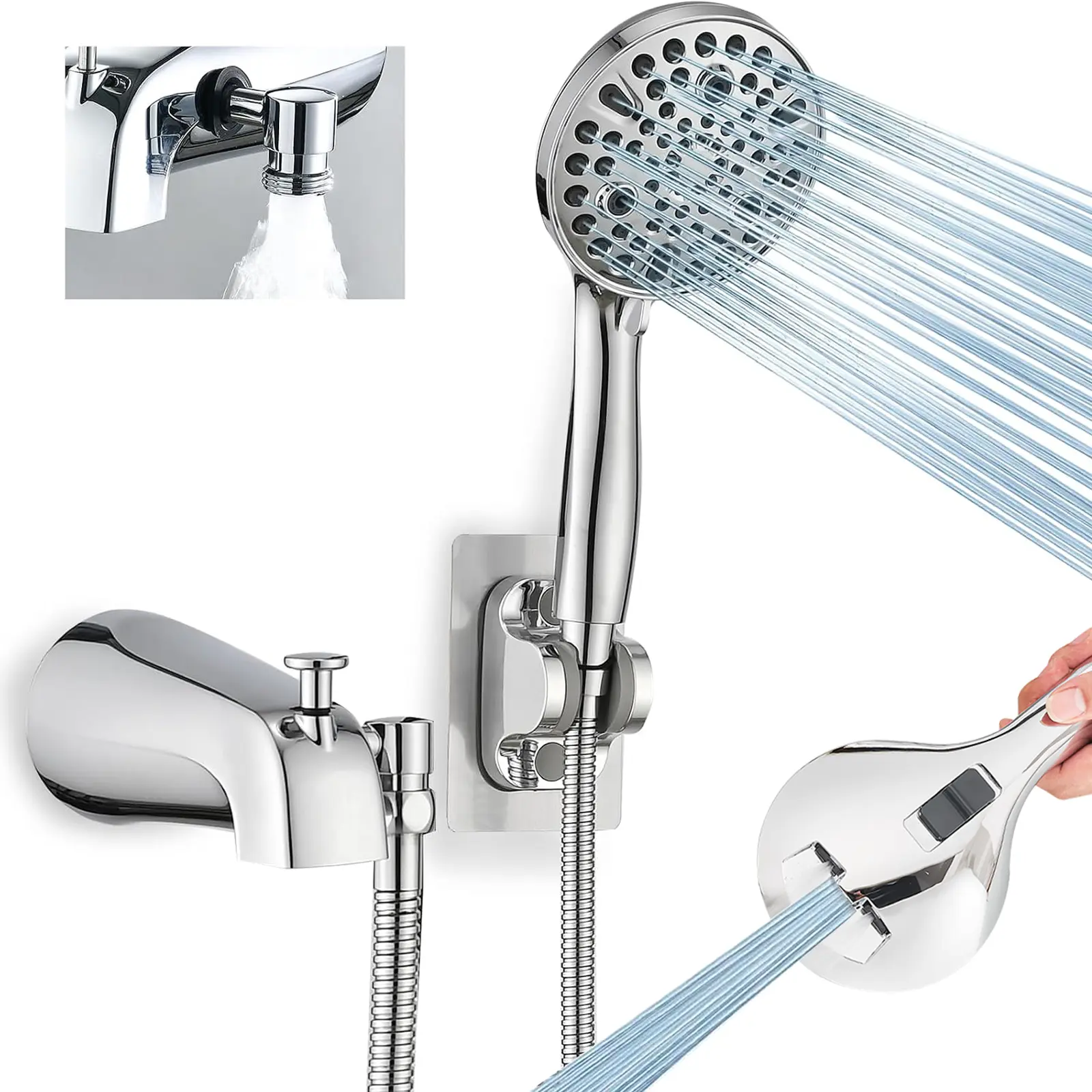 Bathtub Faucet 7-Setting Handheld Shower Head Kit with Diverter, High Pressure Chrome Bath Shower Set for Existing Tub Filler Spout