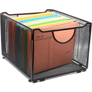 Portable Filing Bin Black Mesh Metal File Crate Box With Hanging File Folder Frame
