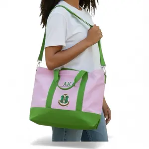 AKA Sorority Multi Use Tote Bag with Green Straps & Inside Organization for School & Everyday Use
