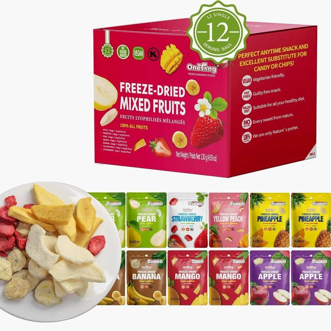 ONETANG Freeze-Dried Mixed Fruit, 12 Pack Single-Serve Pack, Non GMO, Kosher, No Add Sugar, Gluten free, Vegan, Holiday Gifts, Healthy Snack 0.35 Oz