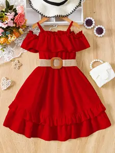 Elegant Girls Summer Dress-Knee-Length Fashion Suspender Skirt with Ruffles Details and Spaghetti Straps-Including Belt-Casual Outing Vacation Style