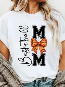 Basketball Mom Coquette Bow Cute Game Day For Mothers Day T-Shirt Print T-Shirt Casual Crew Neck Short Sleeve Comfort Tee Top For Spring & Summer Women's Clothing