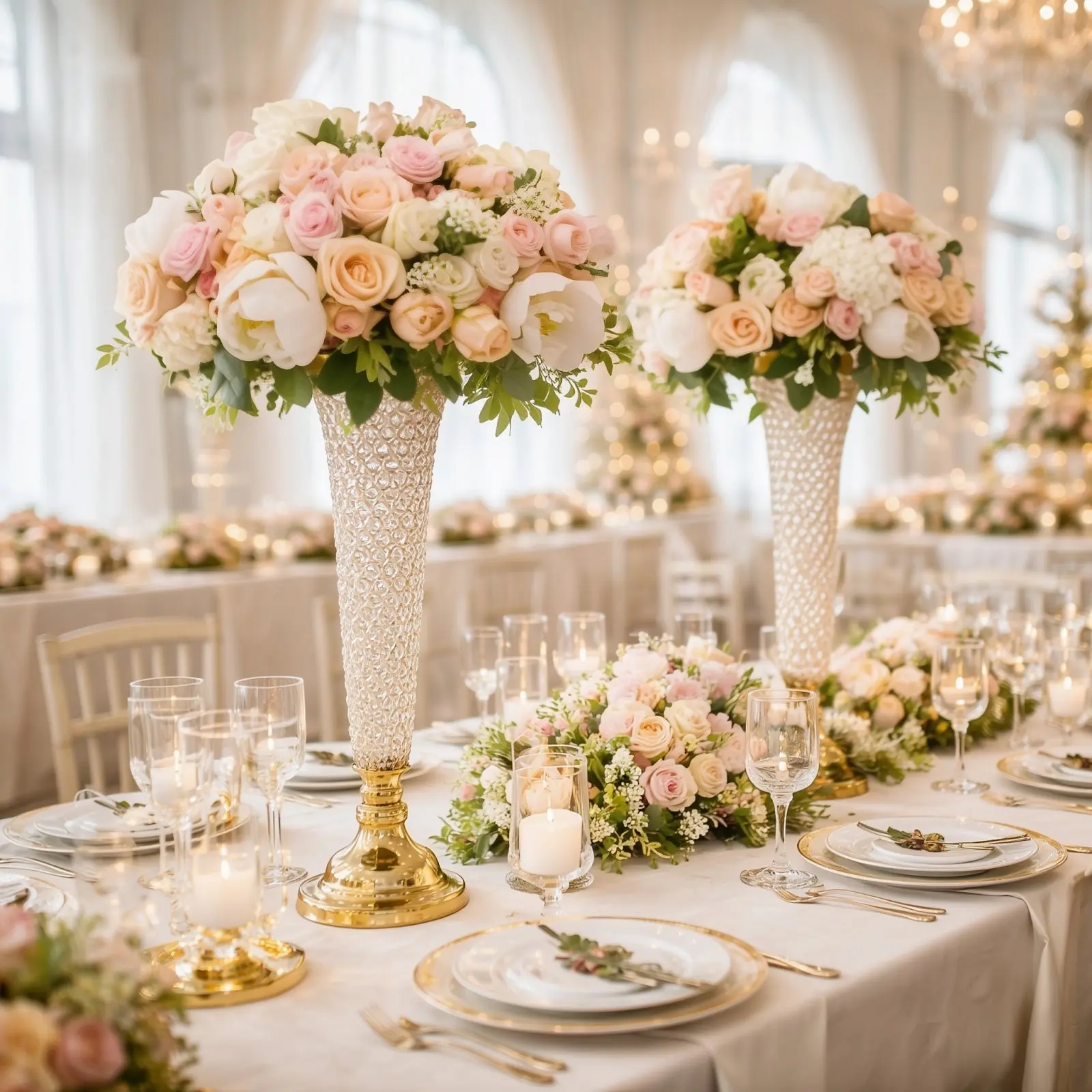 Acrylic Flower Vases, 2-Pack 28" Tall Crystal Beaded Gold Trumpet Vases - Luxurious Dining Table Centerpiece for Wedding, Home Decor & Tabletop Bouquet Display