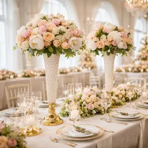 2-Pack Crystal Beaded Trumpet Vase 28" Tall Gold - Decorative Bouquet Vase Table Centerpiece Set for Glamorous Weddings Parties & Home Decor