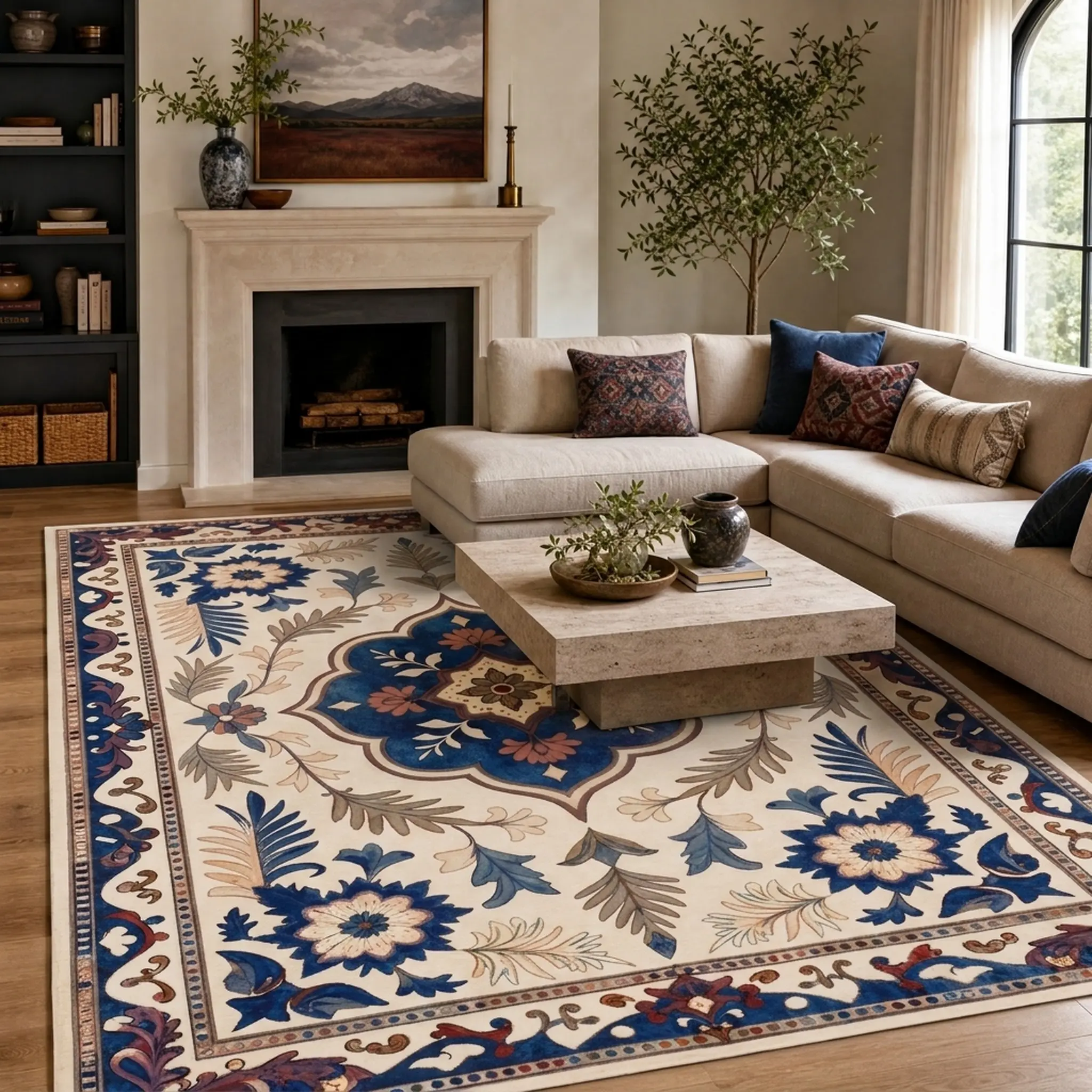 VELUMA V1510 Low Pile Rug, Machine Washable with Non-Slip Rubber Base, for Living Room & Bedroom Bedside, Available in 40x64in, 56x80in, 63x90in, 72x100in, 80x120in Sizes