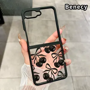 Cherry Bow Pattern Pattern Transparent TPU Phone Case for Z Flip 7/6/5/4, Folding Silicone Design with Central Axis Protection and Full Lens Coverage