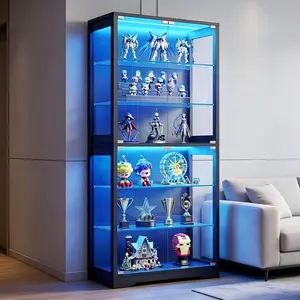 6-Tier Curio Display Cabinet, 71 Inch Glass Door Storage Case with Adjustable Shelves, 3 Color Lights and Human Body Sensor, Ideal Display Shelf for Lego Collectibles and Decorations