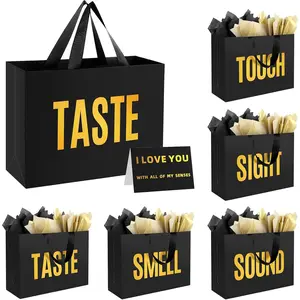 5 Senses Gift Bags for Him With Labels And Tissue Paper,12.6"X8.7"X4" Sight Smell Touch Taste Sound Black Medium Size Gift Bag for Men, Birthday, Anniversary, Wedding, Valentine'S Day