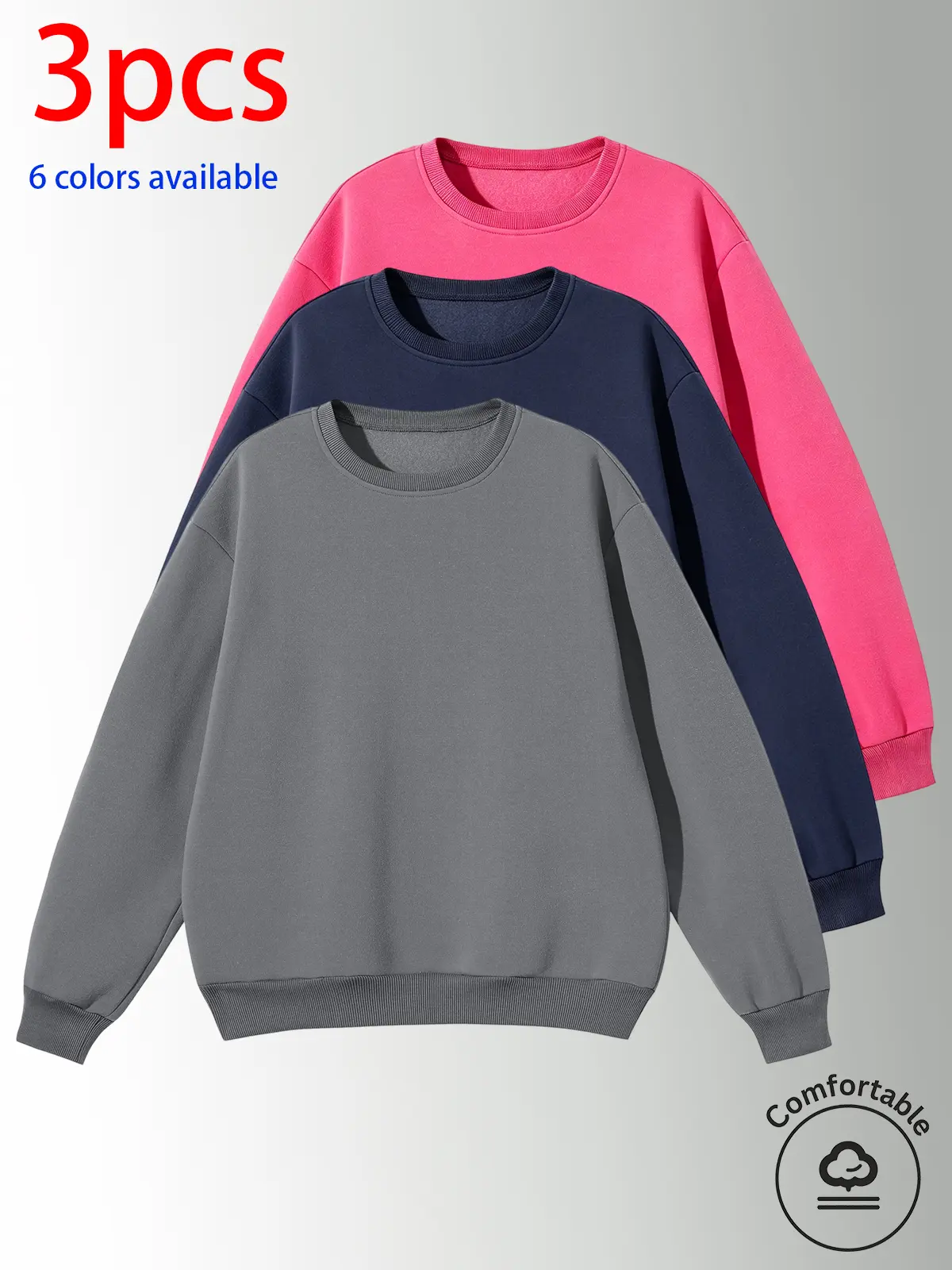 3-pack men’s sweatshirts, men’s casual tops. Loose drop-shoulder long-sleeve pullover sweatshirt with a crew neck—flattering, slimming, and versatile. Available in multiple colors; simple solid-color design that’s versatile—suitable for home, commuting, s