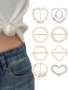 8 pcs Pearl & Rhinestone Clothing Ring Clips | Coquette & Old Money Style | Multi-style Scarf/T-shirt Hem Buckles, Adjustable Metal Fasteners | Reusable & No-sew Design | Ideal for Women, Clothing Hacks & Elegant Styling & Scarf Fasteners