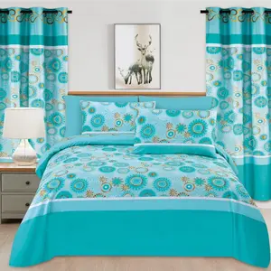 Luxury 8pcs King Size Bed Sheets with Curtains Turquoise Floral Design for Cozy Nights Sleep Complete Bedding Set
