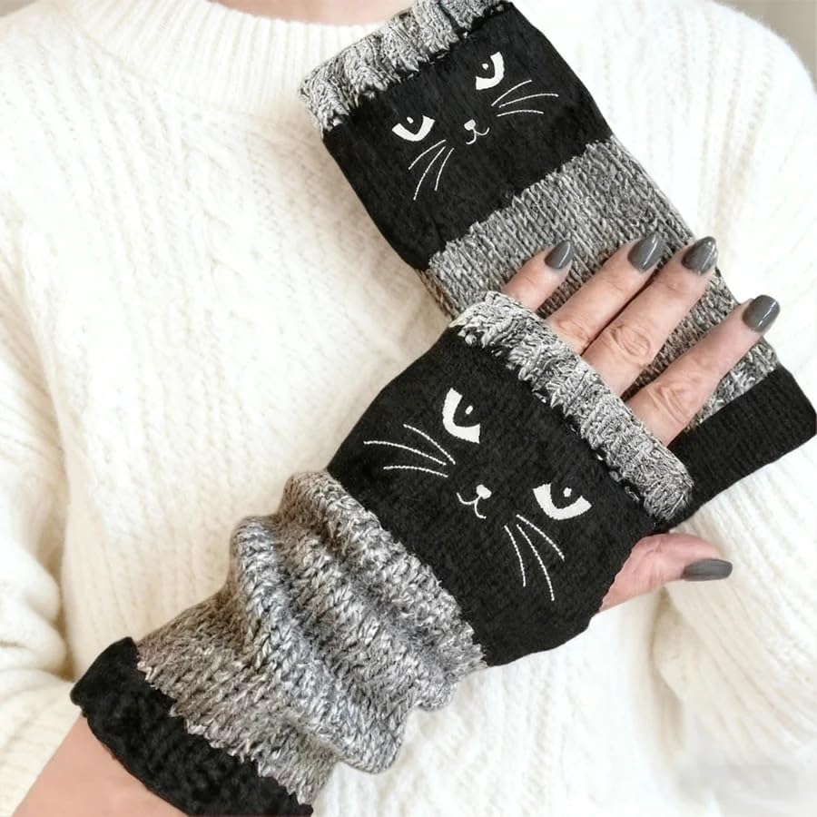 【Buy One Get One Free】Women's knitted fingerless gloves with cute cat embroidery pattern - comfortable and fashionable gloves suitable for casual spring wear