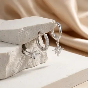 3 Pairs Silver Tone CZ Star Earrings Set, Star Studs & Star Charm Huggie Hoops for Y2K Party Daily Wear