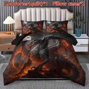 Volcano Dragon Pattern Quilt Set, Polyester Fiber Bedding, Includes 1 Quilt + 2 Pillowcases Without Core, Soft Skin Contact, Ideal for Couples
