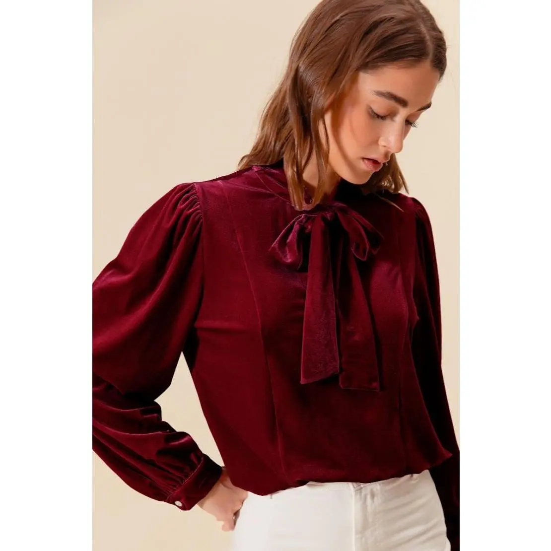 Jilly Velvet Bow Tie Neck Long Sleeve Blouse - Burgundy