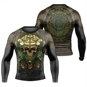 BattleFitGear Aztec Jungle Warrior Mask | Men's Long Sleeve Rash Guard | BJJ & Fitness Rash Guard | Baselayer Compression Shirt for Jiu Jitsu & MMA