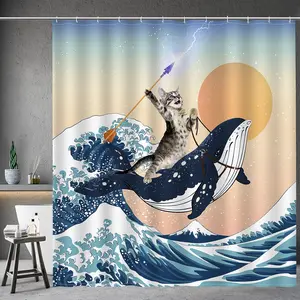 Funny Shower Curtain Brave Cat Holding Trident Riding Shark in Ocean Wave 72"x72" with 12 Hooks for Bathroom Decor Accessories Bathtub Curtain Water Resistant Polyester Fabric
