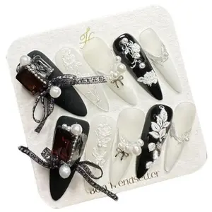 E32 Long almond Black and White blend Hand-painted Rose Embellembelled diamond for any skin tone removable press nails thick  press  nails