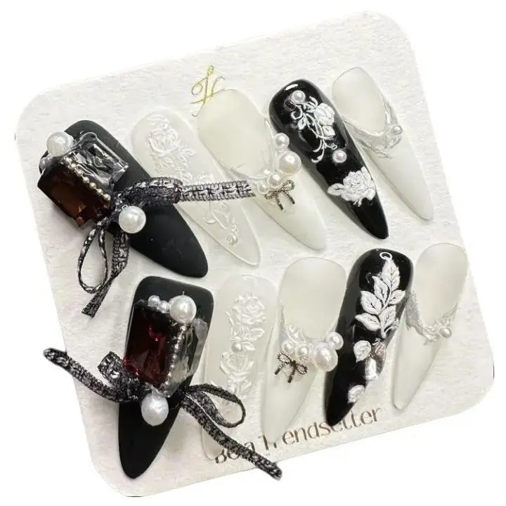 Removable Thick Press On Nails, E32 Long Almond Shape, Black-White Blend with Hand-Painted Rose Embellishments, Nail Art Design, Customized for Any Skin Tone, Customized Nails