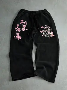 Men's Casual Pants with Cherry Blossom Print & Anti Social Social Club Text, Trendy Street Style for All Seasons