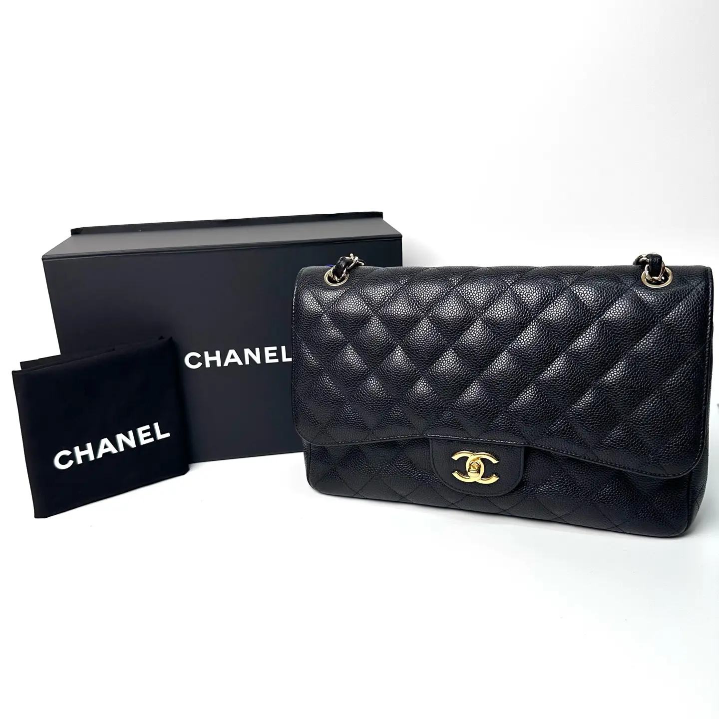 Pre-owned CHANEL Classic Jumbo Flap Bag, Black Caviar Leather, Light Gold Hardware, 2010, Approx. 30cm Base Length, Serial No. N23531730