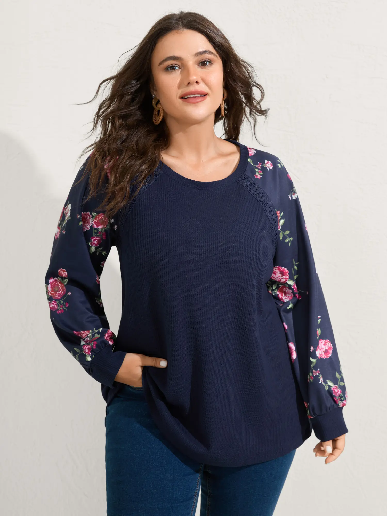BloomChic Women's Dark Blue Floral Textured Lace Spandex Knit Top - Long Sleeve, Round Neck, Fitted Stretch, Casual Summer Finds, Tops