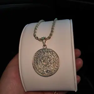 Aztec Calendar Pendant Necklace for Women, Intricate Handmade Statement Jewelry with a Unique Design, 24-in Rope Chain