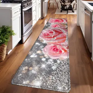 1PC, Pink and White Roses with Sparkles Patterned strip rugs, home décor, bathroom mats, entryway mats, bedroom bedside mats, kitchen mats, hallway rugs, flannel sponge rugs, Washable Kitchen Rugs, Home Decorative Rug