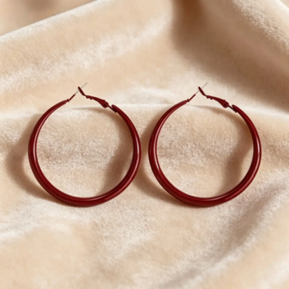 Women's Matte Burgundy Large Retro Hoop Earrings - Smooth Metal Hoop Shape, Click-Top Huggie Design, Daily-Party Jewelry for DIY Beading & Jewelry Making Projects