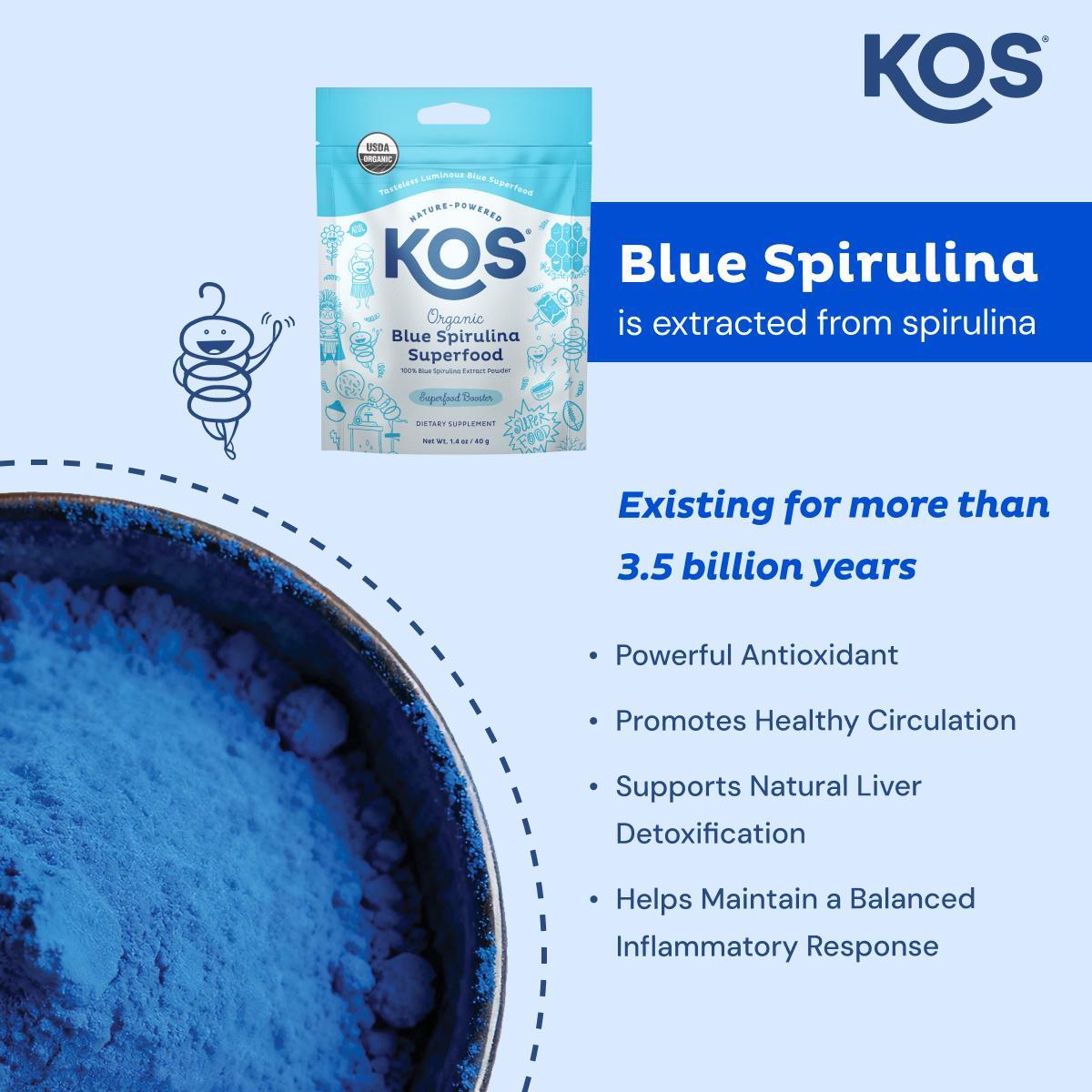 KOS, Blue Spirulina Superfood Organic Powder - Powerful Antioxidant & Nutrient Boost, Vibrant Natural Color, Energy & Protein Source, USA Made, GMP & NSF Certified KOS, Blue Spirulina Superfood Organic Powder - Powerful Antioxidant & Nutrient Boost, Vibrant Natural Color, Energy & Protein Source, USA Made, GMP & NSF Certified