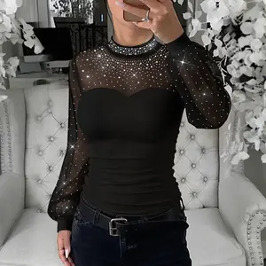 ChicMe Women's Rhinestone Decor Mock Neck Lantern Sleeve Sheer Mesh Spliced Tee Hollow-out Back Slim Fit Top