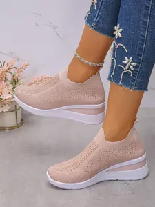 New Fashion Retro Casual Flyknit Rhinestone Platform Low Top Wedge Shoes for Women, One-Step Lazy Sport Shoes, Soft Bottom Breathable Height Increase Single Shoe