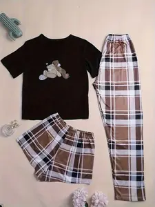 Summer 3 Piece Cute Hugging Teddy Bear Print Pajama Set Women Short Sleeve Top & Brown Plaid Shorts & Long Pants Soft Comfortable Loungewear Casual Home Sleepwear