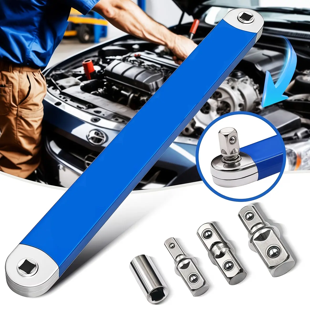 2-in-1 multifunctional ratchet offset extension wrench, equipped with 1/2 ", 1/4", and 3/8 "square head adapters, suitable for narrow spaces with ratchet multifunctional extension anti slip wrench, manual tool for car maintenance
