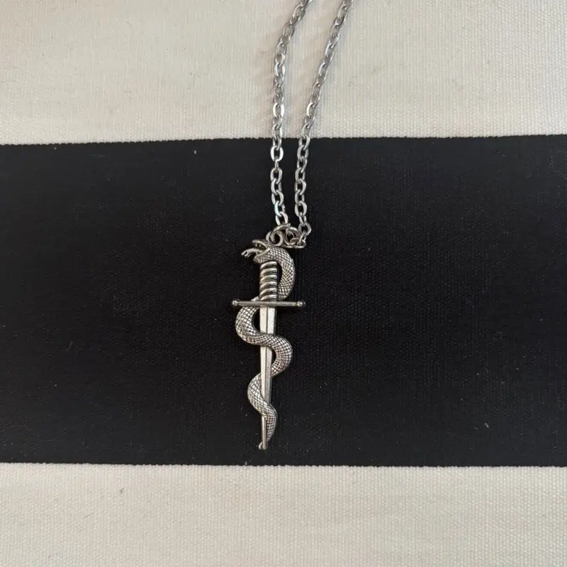 Snake Wrapped Around Dagger/Sword Silver Color Adjustable Necklace - 18’’x20’’ Pendant Length - Jewelry