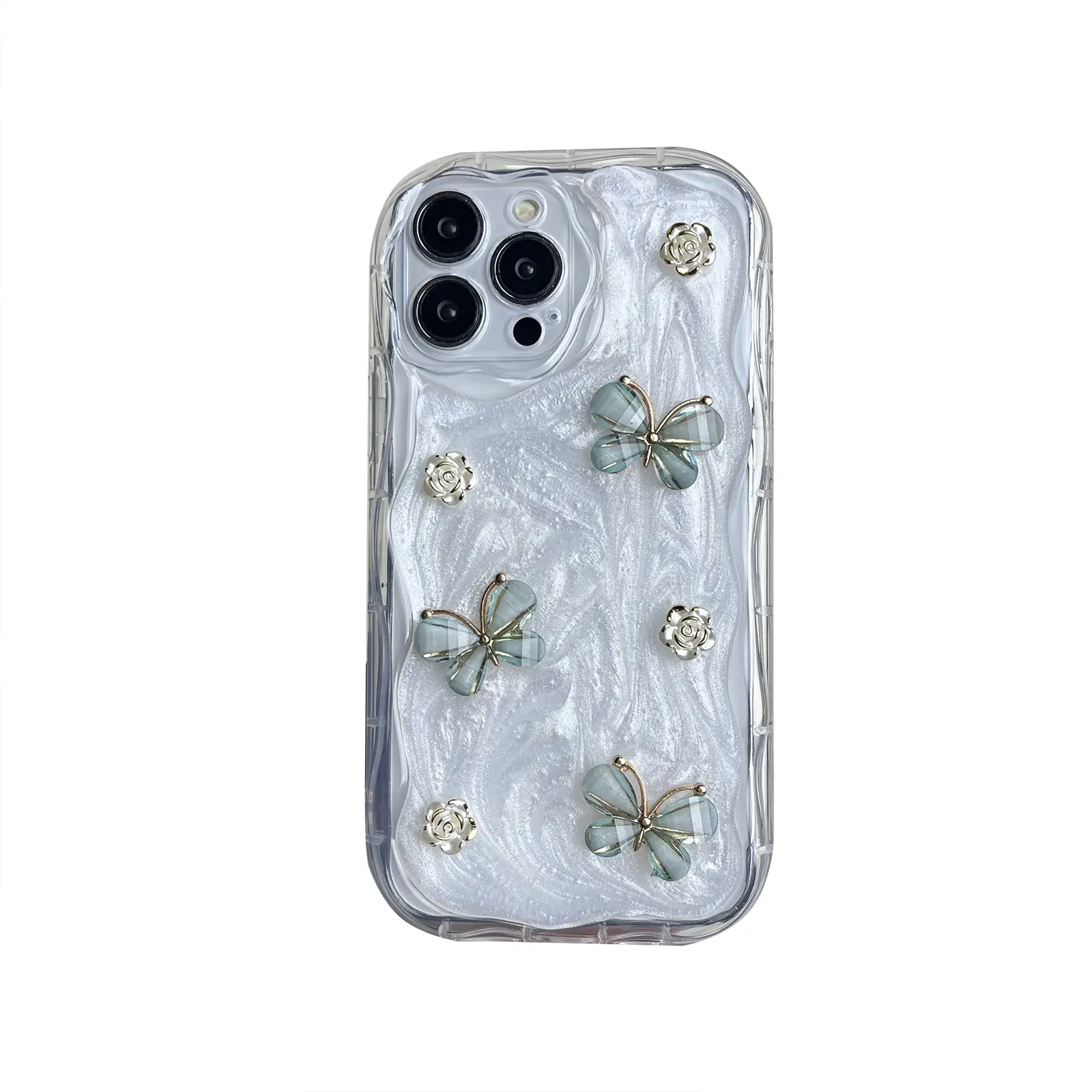 Wavy Edge 3D Resin Butterfly & Flower Phone Case For iPhone 14/15/16/17