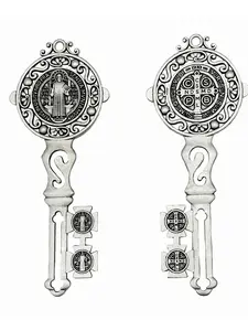2Pcs/Set Enamel Double Side Saint Benedict 12cmX5cm Key Blessing For Protection - Medalla de san benito Home and Door hanger - Wall Hanger Catholic Easter Day Gifts - Llave de San Benito Gift Religious Home Decor