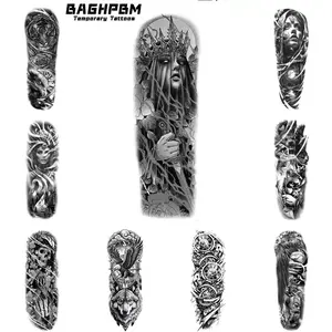 BAGHPBM 9 Full-Arm Temporary Tattoo Stickers Crown Lion Skull Angel Wolf Rose Clock Designs Waterproof Beauty Personal Care Makeup Tattoos