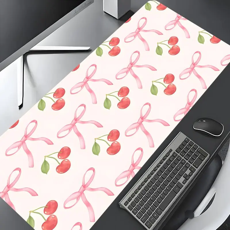 Cute Bow Cherry Pattern Mouse Pad, Rectangle Gaming Mouse Pad, Non-slip Rubber Pad, Aesthetic Desktop Decoration Protective Pad for Home Office, Desk Accessories