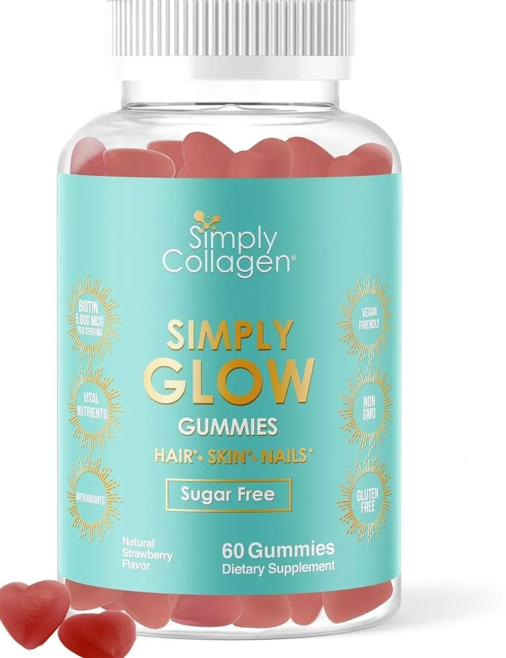 Simply Collagen® Simply Glow Hair, Skin & Nails Gummies – Vegan, Sugar-Free, Gluten-Free – Biotin 5000 mcg – Hair Gummies for Women & Men – 60 Count