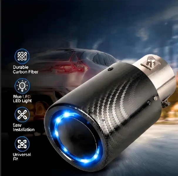 Automotive Carbon Fiber Exhaust Tip, Waterproof Durable Blue LED Ring Tail Pipe Tube with Solid Adjustable Clamp-On for Car Tuning Enthusiasts #CarAccessories #ExhaustTipMod #CarbonFiberCar #CarUpgrade
