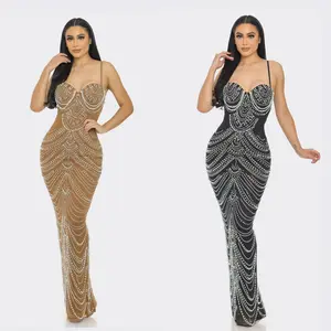 Lina Rhinestone/Pearl Chain Embellished Maxi Dress