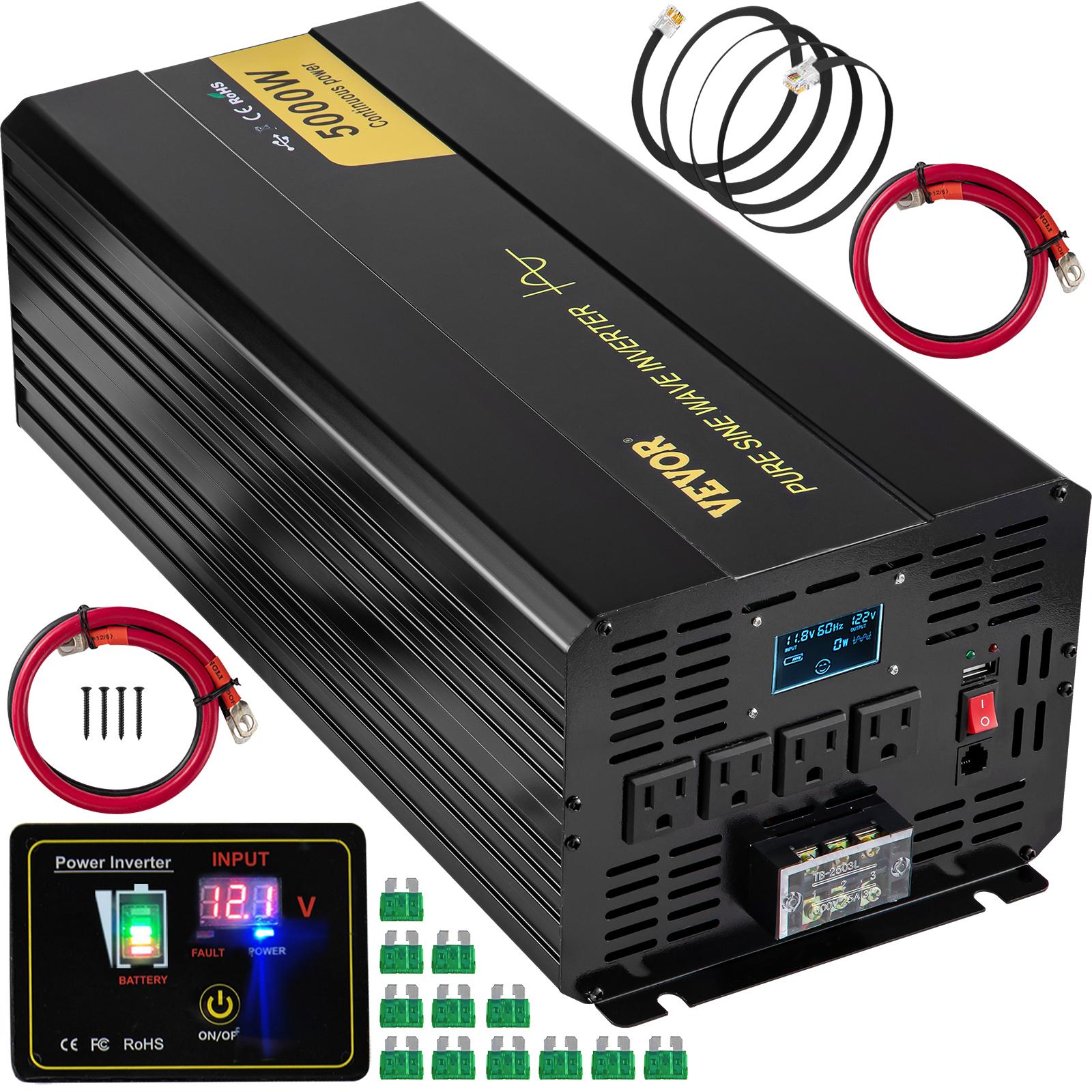VEVOR Pure Sine Wave Power Inverter, 5000W Max, DC 12V to AC 120V, with LCD Display, USB Port, Remote Controller, AC Outlets, Overheat Protection for Car, RV, Home Appliances