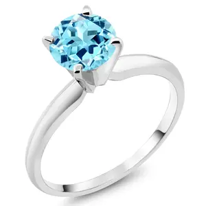 Gem Stone King 14K White Gold Blue Apatite Solitaire Engagement 4-Prong Ring For Women | 0.82 Cttw | Round 6MM | Gemstone Birthstone