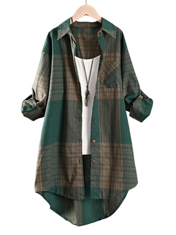 Elegant Casual Retro Mid-Length Plaid Shirt for Women, New Fashion Long Sleeve Loose Fit Striped Blouse, Stylish Ladies' Top