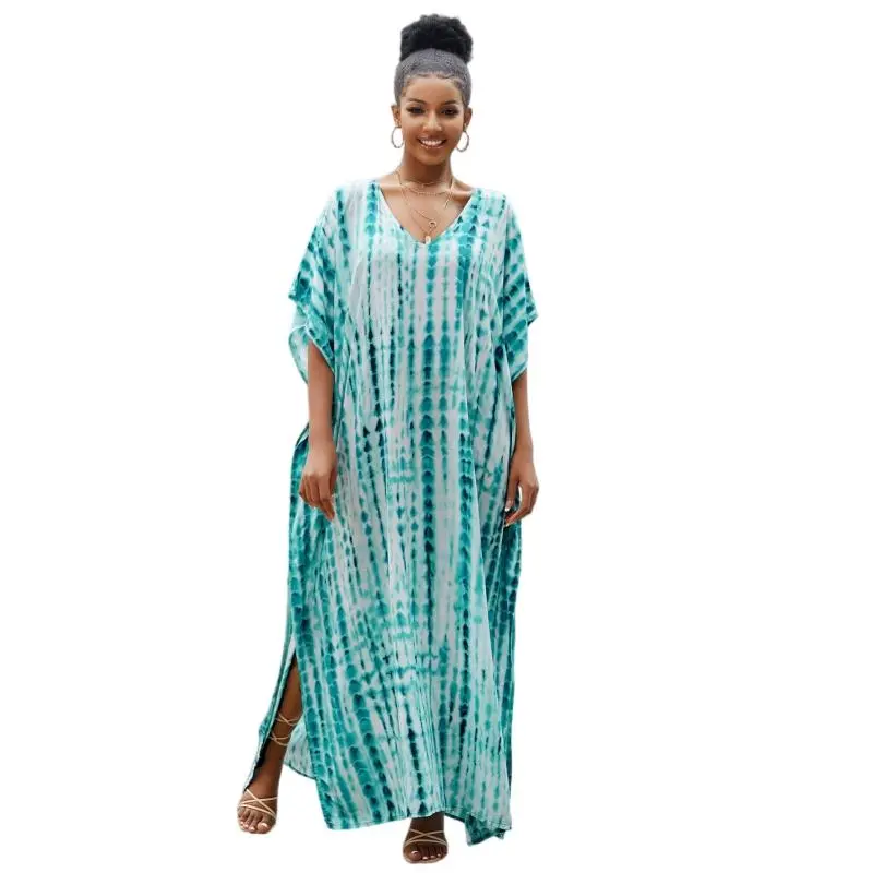 Women's Plus Size Ethnic Pattern Viscose Kaftan Maxi Dress - Soft Bohemian Print, Summer Beach Swimsuit Cover-Up, Casual Lounger