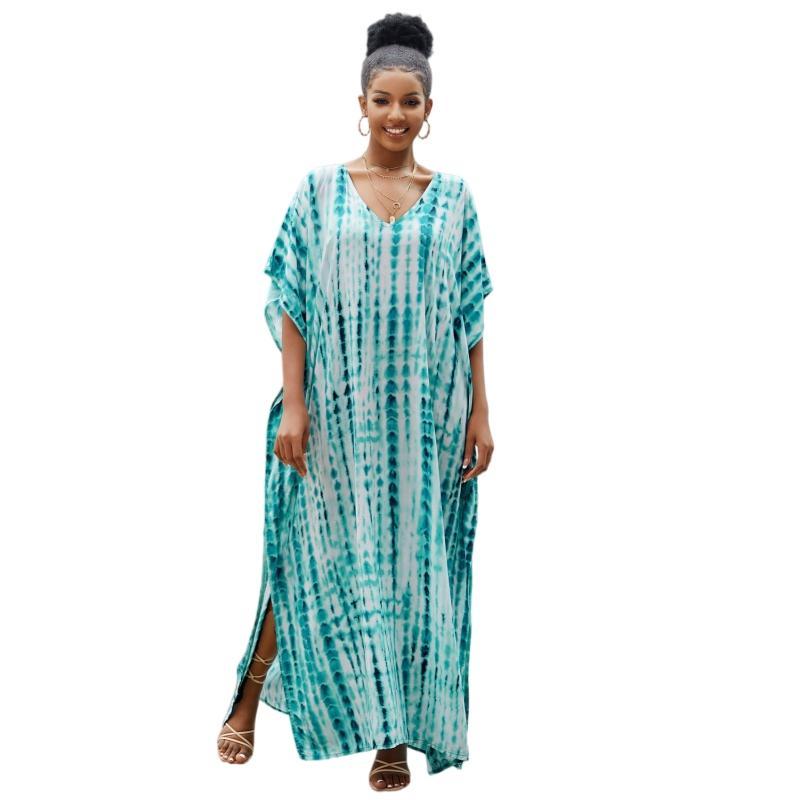 Women's Plus Size Baggy Soft Viscose Kaftan Maxi Dress - Colorful Ethnic Print, Elegant Bohemian Party, Casual, Beach Swimsuit Cover-Up, Hand Wash Only, No Tumble Dry