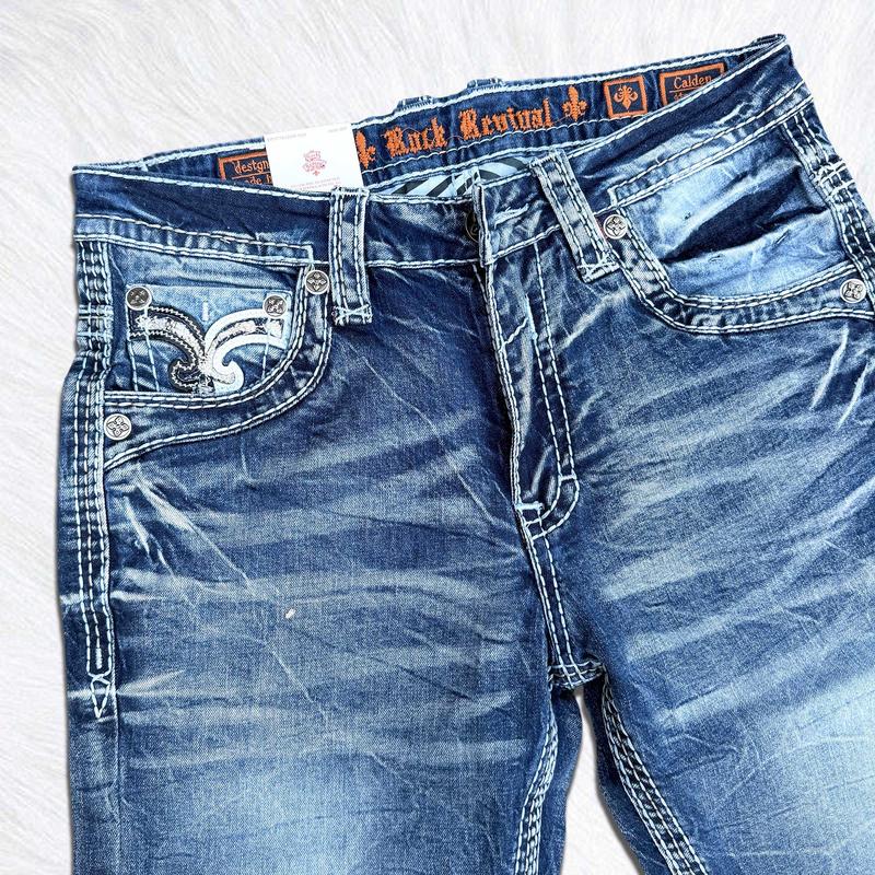 Rock Revival Blue Straight Leg Jeans for Men – Western Cowboy Embroidered Denim – Heavy Stitch Back Pocket – Y2K Street Style Jeans – Premium Vintage Wash