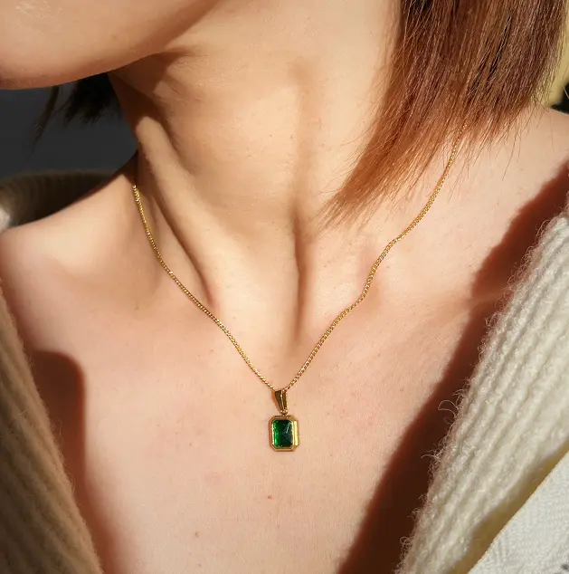 14K GOLD plated Green Pendant Necklace-Dainty necklace-Minimalist Green Necklace-Gift for her