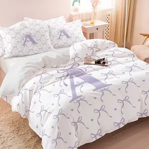 2/3 Pcs Luxury Purple Bow Pattern Soft Bedding Set, Fashion Alphabet Print Duvet Cover and Pillowcases, No Filling/Zipper Closure, Creative Girl's Bedroom or Dorm Decor Kit for All Seasons, Full Size
